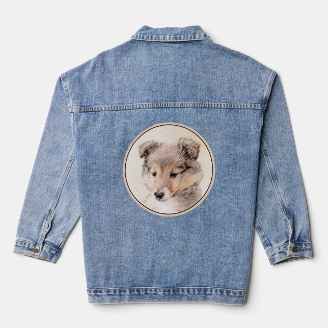 Shetland Sheepdog Puppy Painting Original Dog Art Denim Jacket (Back)