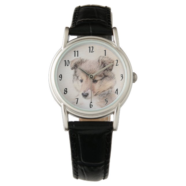 Shetland Sheepdog Puppy Painting Original Dog Art Watch (Front)