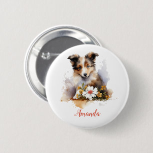 Shetland Sheepdog Puppy Pet Watercolor Flower 2 Inch Round Button