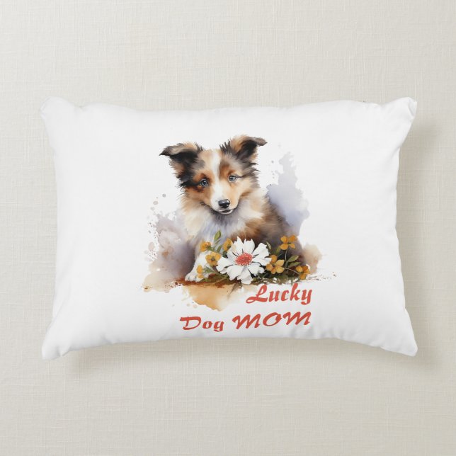 Shetland Sheepdog Puppy Pet Watercolor Flower Accent Pillow (Front)