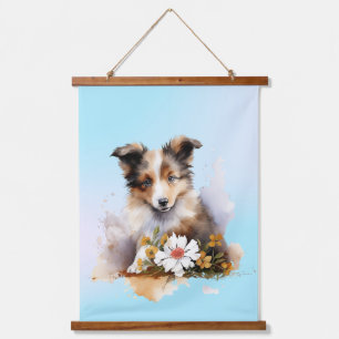 Shetland Sheepdog Puppy Pet Watercolor Flower Hanging Tapestry