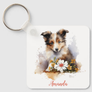 Shetland Sheepdog Puppy Pet Watercolor Flower Keychain