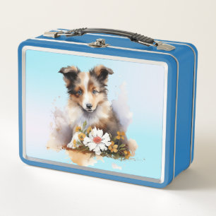 Shetland Sheepdog Puppy Pet Watercolor Flower Metal Lunch Box
