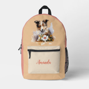 Shetland Sheepdog Puppy Pet Watercolor Flower Printed Backpack