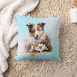Shetland Sheepdog Puppy Pet Watercolor Flower Throw Pillow