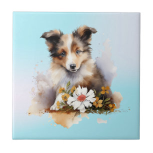 Shetland Sheepdog Puppy Pet Watercolor Flower Tile