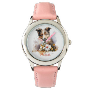 Shetland Sheepdog Puppy Pet Watercolor Flower Watch