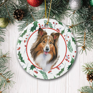 Shetland Sheepdog Red Berry Holly Border Ceramic Ornament