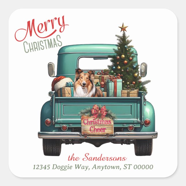 Shetland Sheepdog Retro Truck Christmas Square Sticker (Front)
