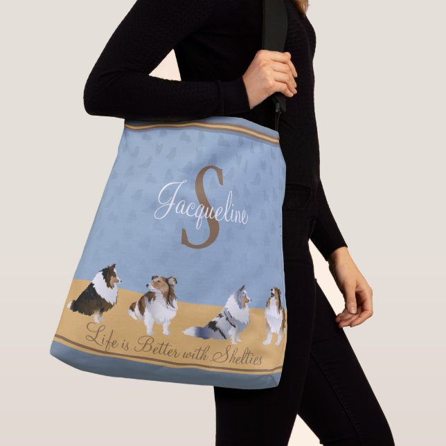 Shetland Sheepdog, Row of Shelties on Blue, Yellow Crossbody Bag (Close Up)