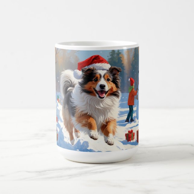 Shetland Sheepdog Running Snow With Christmas Hat Coffee Mug (Center)