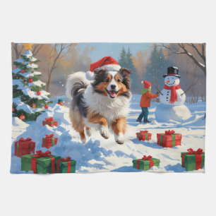 Shetland Sheepdog Running Snow With Christmas Hat Kitchen Towel