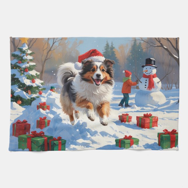 Shetland Sheepdog Running Snow With Christmas Hat Kitchen Towel (Horizontal)
