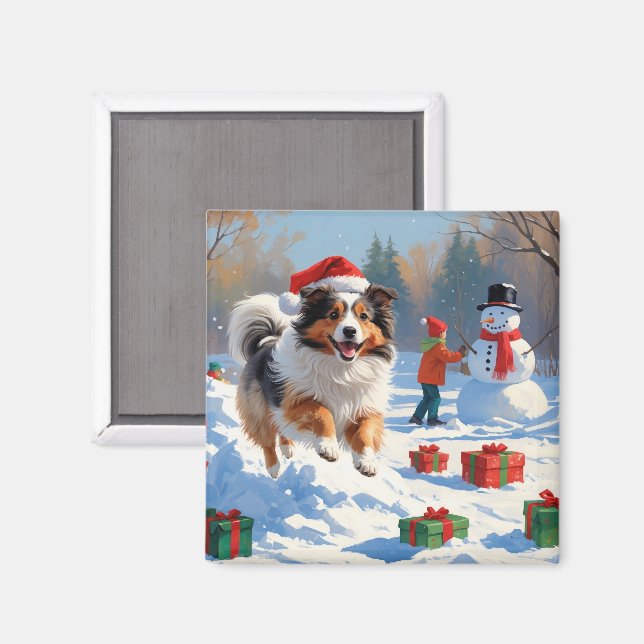 Shetland Sheepdog Running Snow With Christmas Hat Magnet (Front/Back)