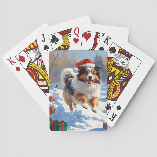 Shetland Sheepdog Running Snow With Christmas Hat Playing Cards (Back)