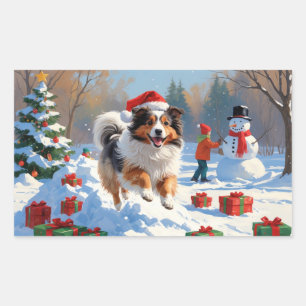 Shetland Sheepdog Running Snow With Christmas Hat Sticker
