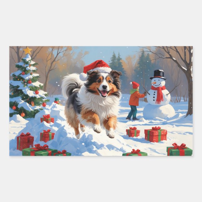 Shetland Sheepdog Running Snow With Christmas Hat Sticker (Front)