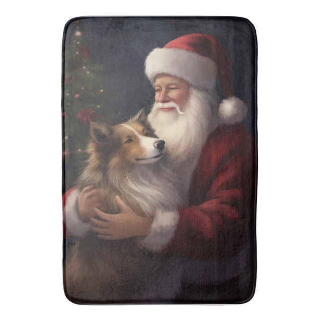 Shetland Sheepdog Santa Claus Festive Christmas Bath Mat (Front Vertical)