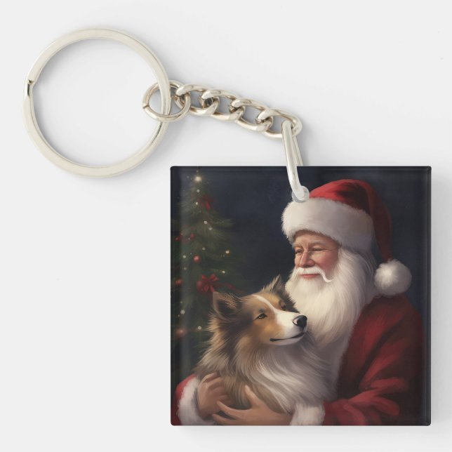 Shetland Sheepdog Santa Claus Festive Christmas Keychain (Front)