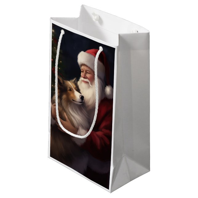 Shetland Sheepdog Santa Claus Festive Christmas Small Gift Bag (Front Angled)