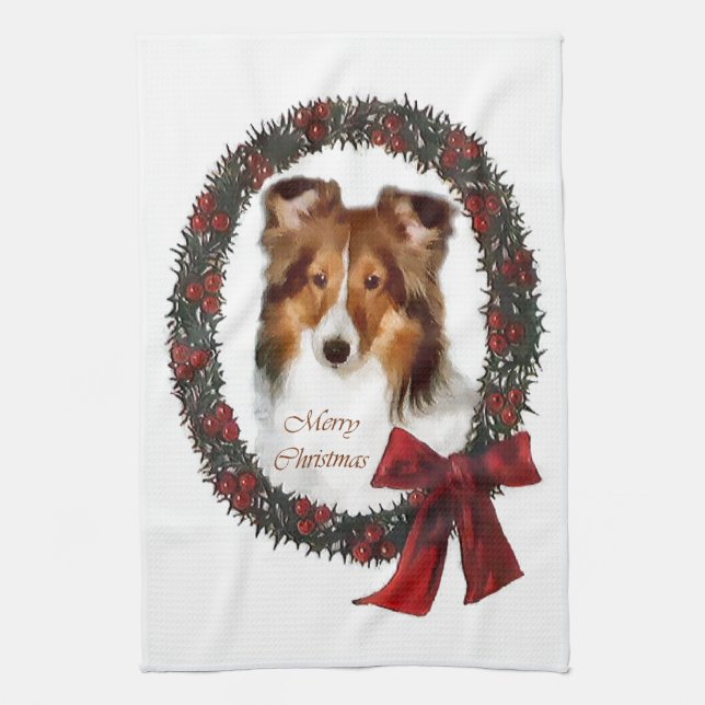 Shetland Sheepdog Sheltie Christmas Kitchen Towel (Vertical)