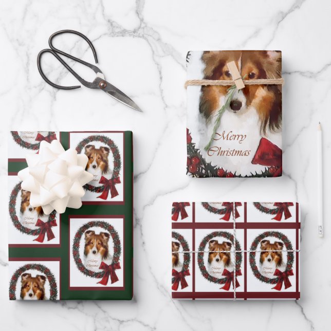 Shetland Sheepdog Sheltie Christmas Wrapping Paper Sheet (Front)