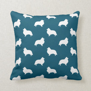 Shetland Sheepdog Sheltie Silhouettes Pattern Teal Throw Pillow