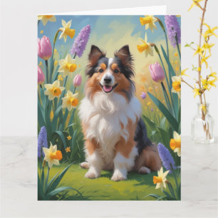 Shetland Sheepdog Spring Flowers Painting Card