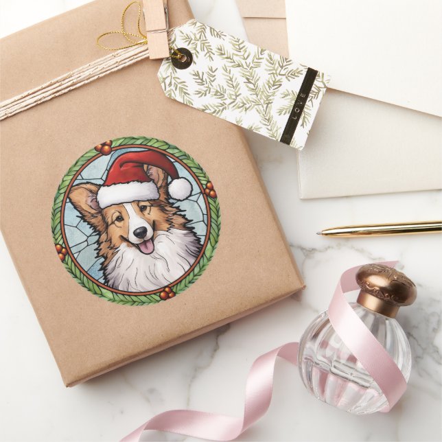 Shetland Sheepdog Stained Glass Christmas Classic Round Sticker (Gifting)