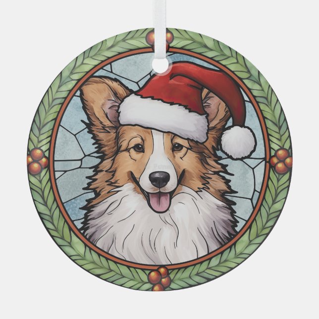 Shetland Sheepdog Stained Glass Christmas Glass Ornament (Front)