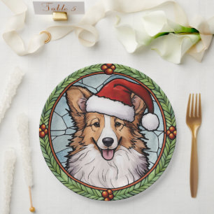Shetland Sheepdog Stained Glass Christmas Paper Plate