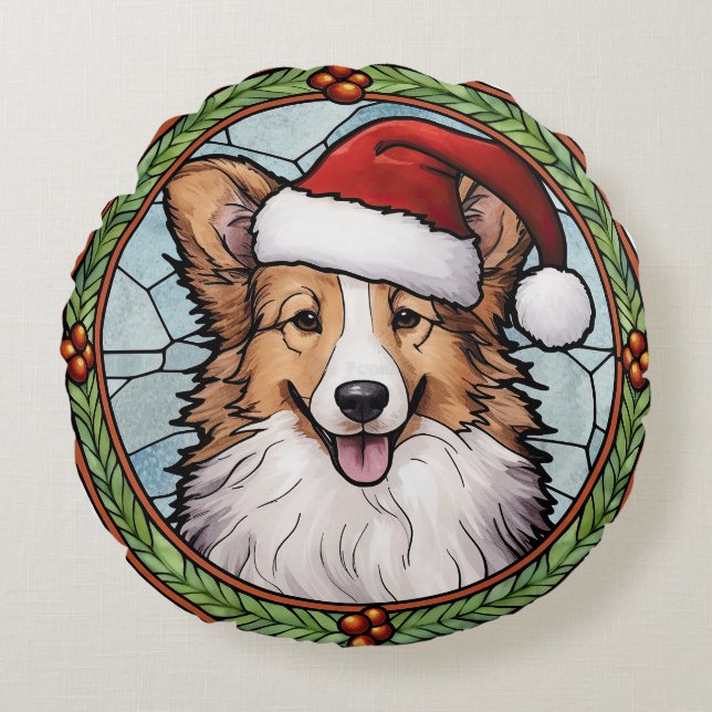 Shetland Sheepdog Stained Glass Christmas Round Pillow (Front)