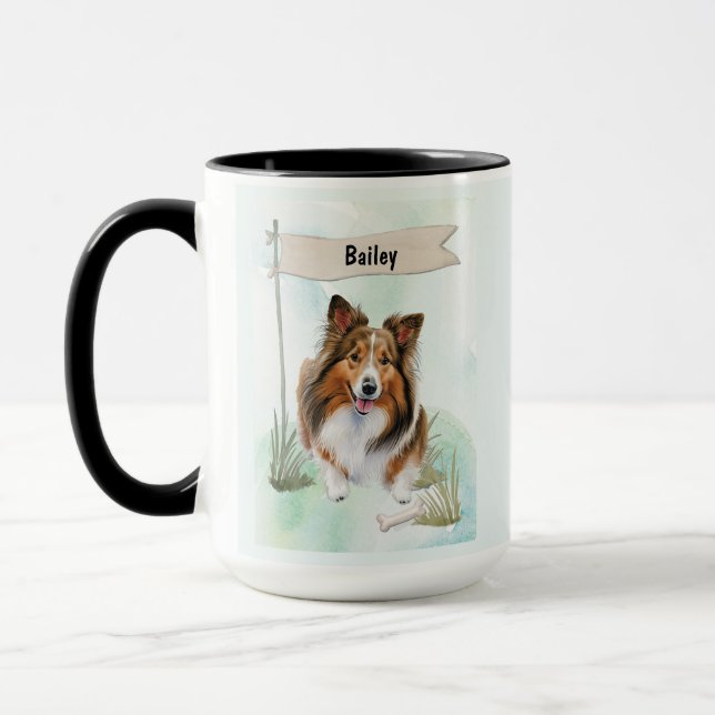 Shetland Sheepdog Watercolor Personalized Dog Mug (Left)