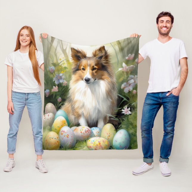 Shetland Sheepdog with Easter Eggs Holiday Fleece Blanket (In Situ)