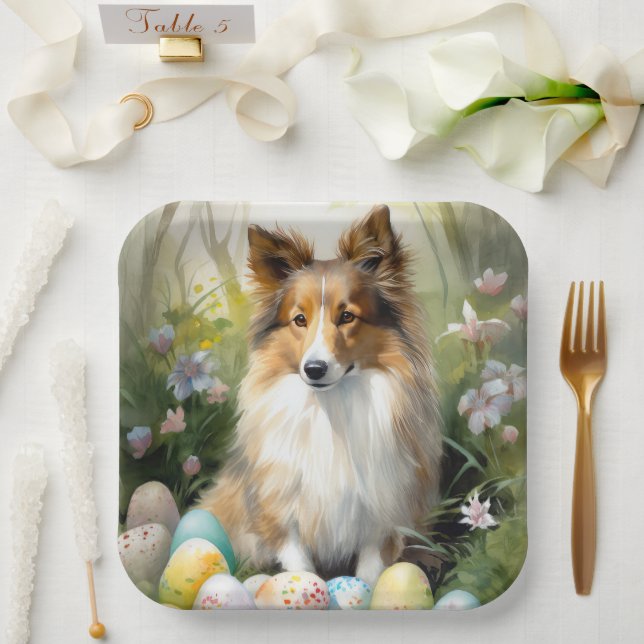 Shetland Sheepdog with Easter Eggs Holiday Paper Plate (Wedding)
