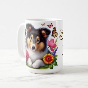 Shetland Sheepdog with Flowers and Butterflies Coffee Mug