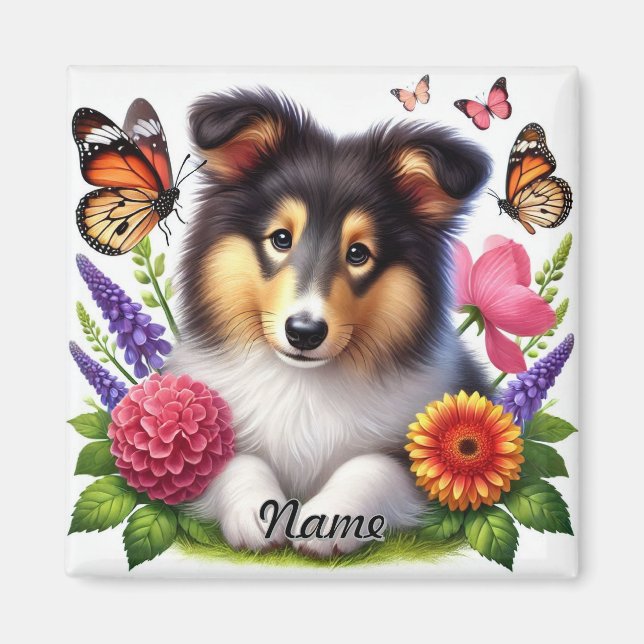 Shetland Sheepdog with Flowers and Butterflies Magnet (Front)