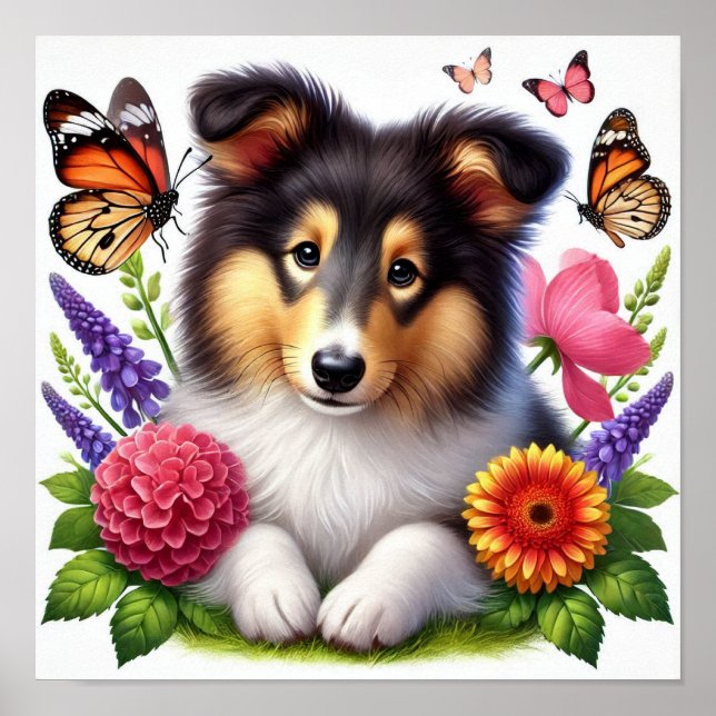 Shetland Sheepdog with Flowers and Butterflies Poster (Front)