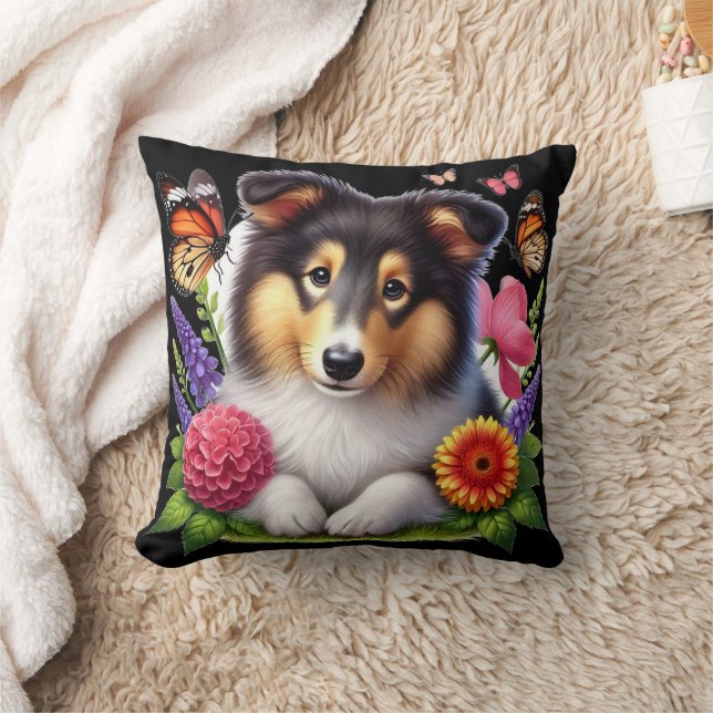 Shetland Sheepdog with Flowers and Butterflies Throw Pillow (Blanket)