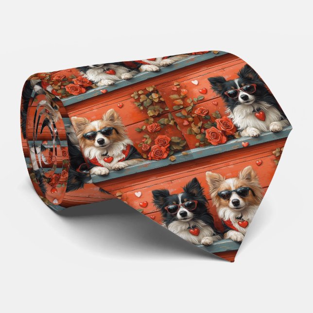 Shetland Sheepdog with Heart Roses Valentine's Day Tie (Rolled)