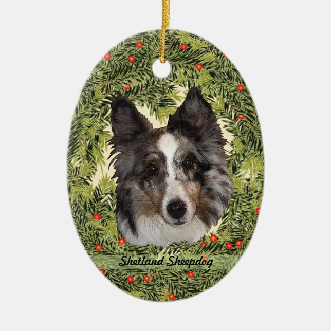 Shetland Sheepdog Wreath Ceramic Ornament (Front)