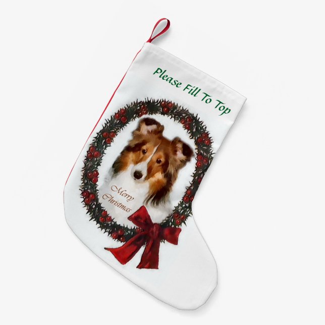 Shetland Sheepdog Wreath Christmas Small Christmas Stocking (Front (Hanging))
