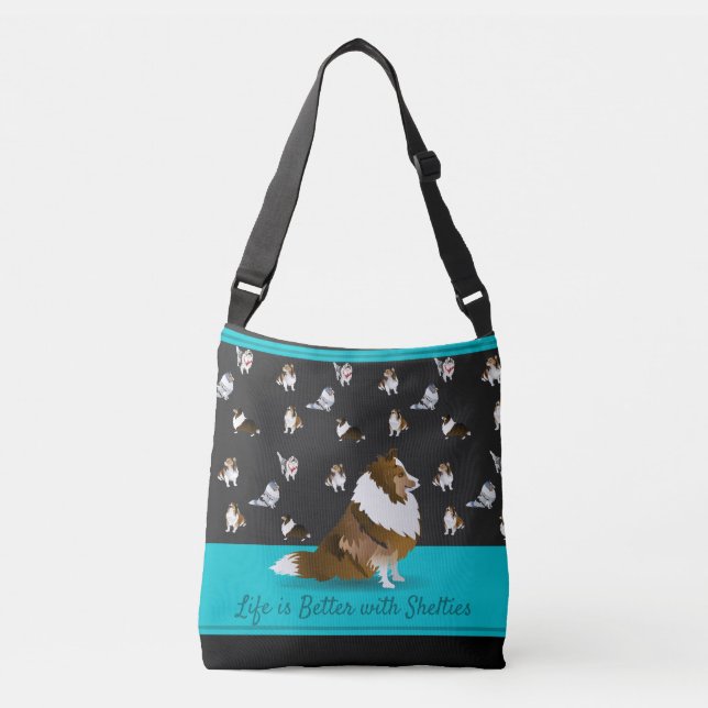 Shetland Sheepdogs, 1 Sable Sheltie, Black & Blue Crossbody Bag (Front)
