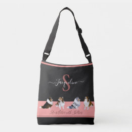 Shetland Sheepdogs, Row of Shelties, Black & Pink Crossbody Bag