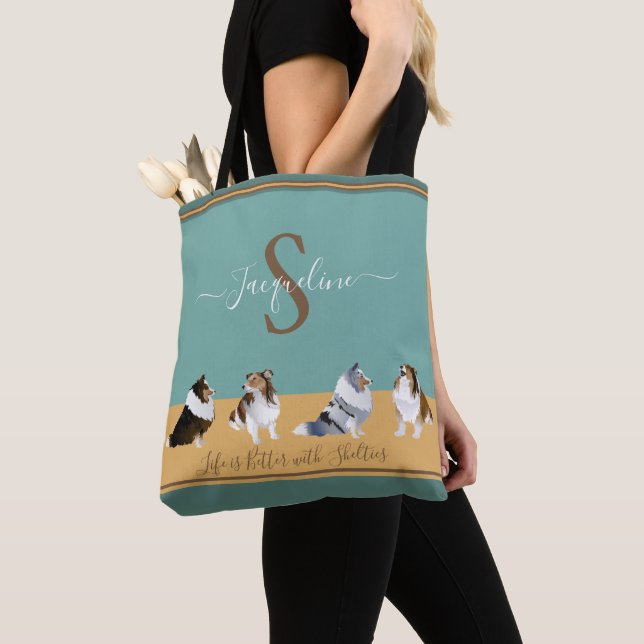 Shetland Sheepdogs, Shelties on Green & Yellow Tote Bag (Close Up)