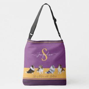 Shetland Sheepdogs, Shelties, on Purple and Yellow Crossbody Bag