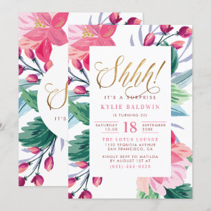 Shh! Elegant Gold Script Floral Surprise Birthday Invitation