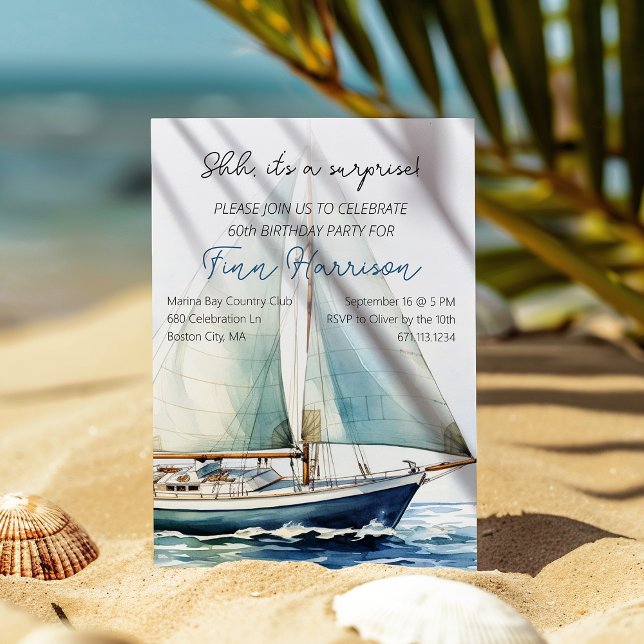 Shh It's A Surprise Sailboat 60th Birthday Party Invitation (Shh It's A Surprise Sailboat 60th Birthday Party Invitation)