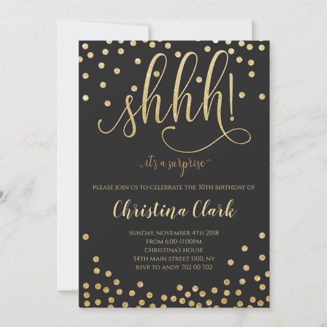 Shh Surprise Birthday Party Black Gold Confetti Invitation
