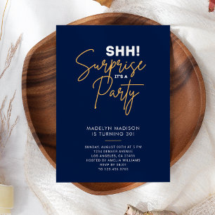 SHH! Surprise Birthday Party Navy Blue Elegant Invitation
